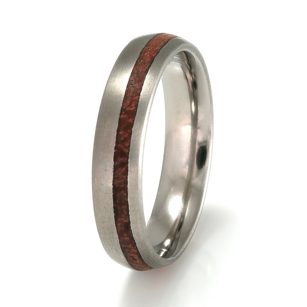 Titanium Ring 5mm Rounded with Narrow Off Centre Wood Inlay