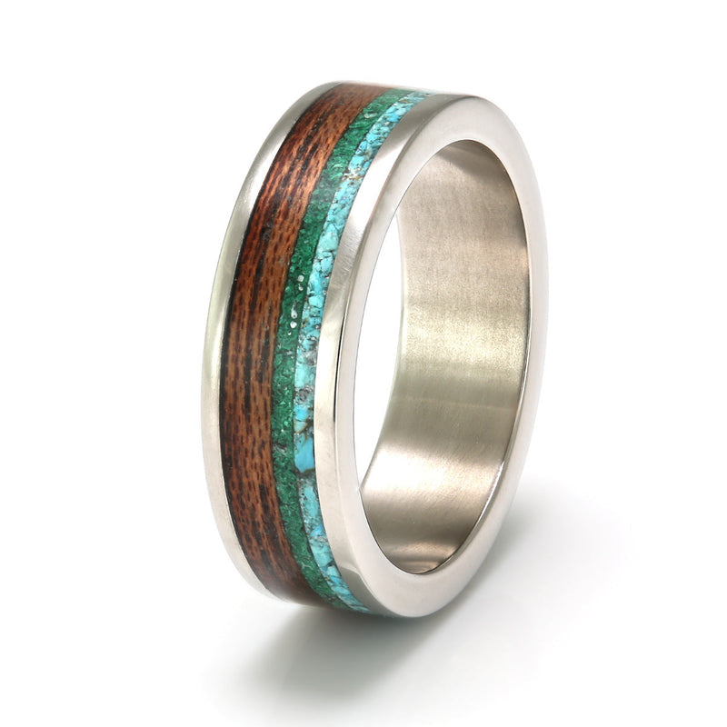 Titanium Ring 6mm Flat with Wood Inlay, Malachite & Turquoise by Eco Wood Rings