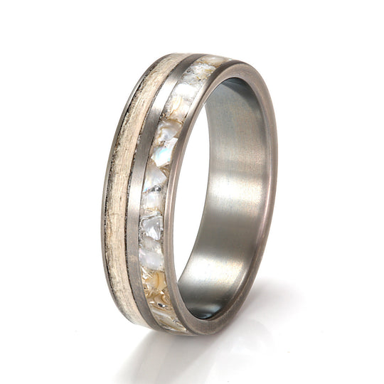 Titanium Ring 6mm Flat Light with Wood Inlay & Mother of Pearl