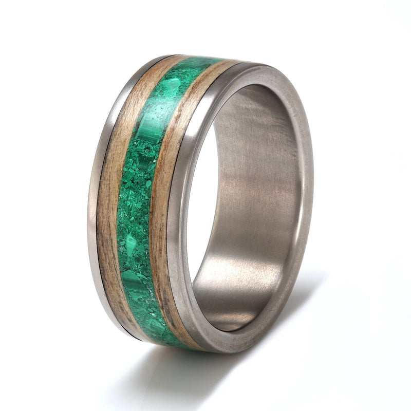 Titanium Ring 8mm Flat with Wood Inlay & Malachite by Eco Wood Rings