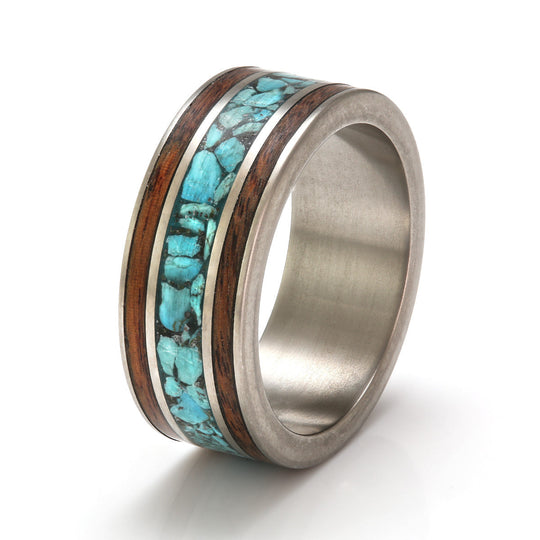 Titanium Ring 8mm Flat with Wood Inlay, Turquoise & Sand