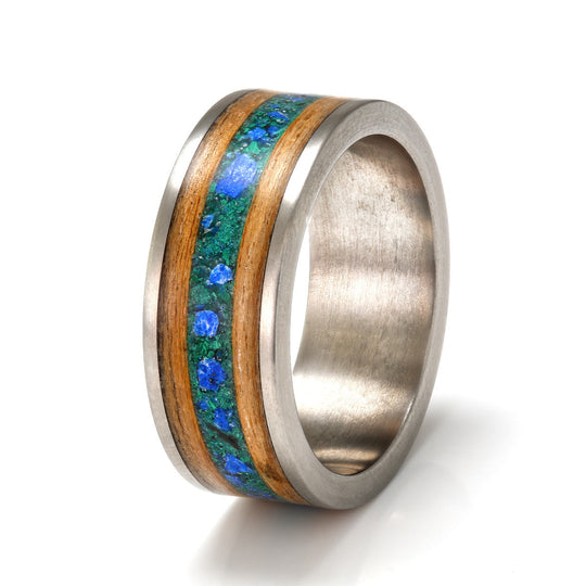 Titanium Ring 8mm Flat with Wood Inlay, Malachite & Lapis Lazuli