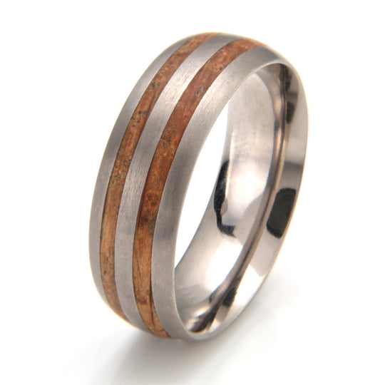 Titanium Ring 8mm Rounded with Double Wood Inlay