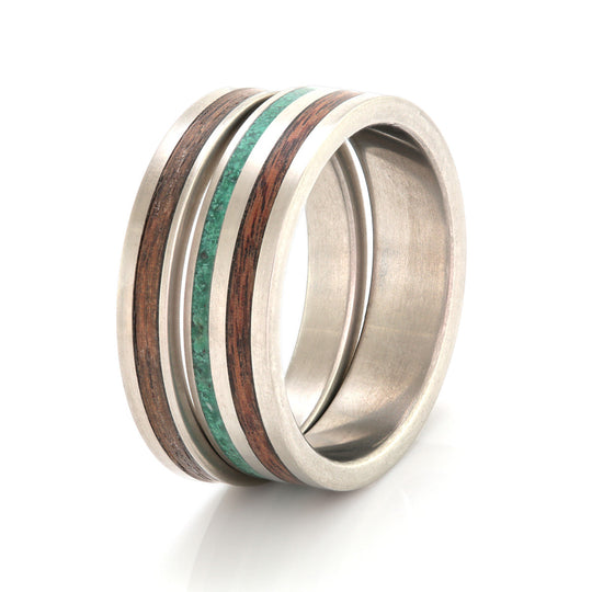 Titanium Rings 3mm & 5mm Flat Light with Wood Inlays & Malachite