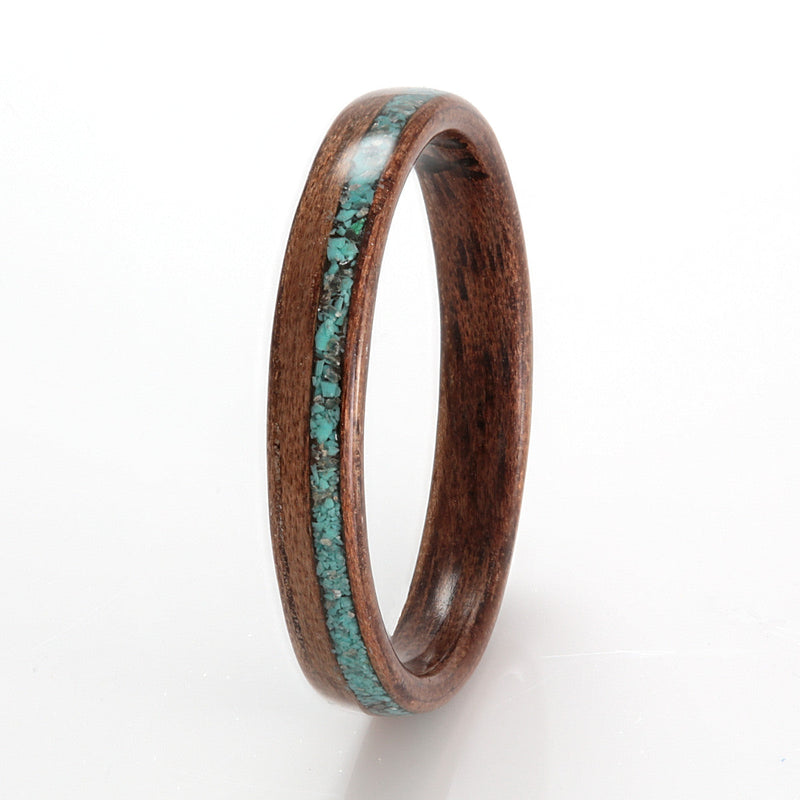 Walnut Ring 3mm with Turquoise & Aquamarine by Eco Wood Rings