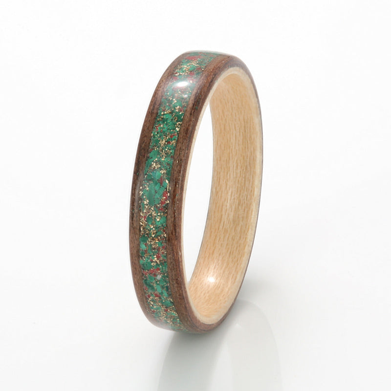 Walnut with Maple & Red Glass, Malachite & Gold Shavings by Eco Wood Rings
