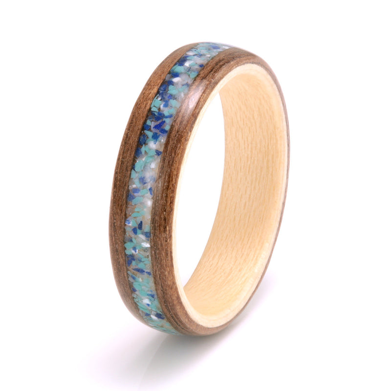 Walnut Ring 5mm with Maple, Lapis Lazuli, Mother of Pearl & Turquoise by Eco Wood Rings
