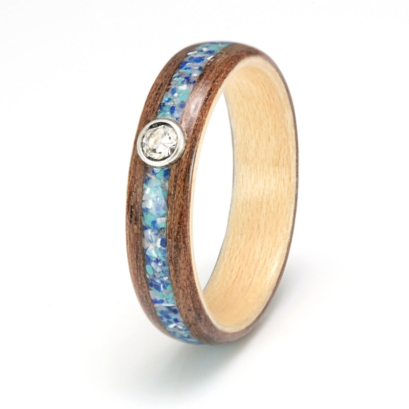 Walnut Ring 5mm with Maple, Lapis Lazuli, Mother of Pearl, Turquoise & Moissanite - IN STOCK - Size O1/2 by Eco Wood Rings