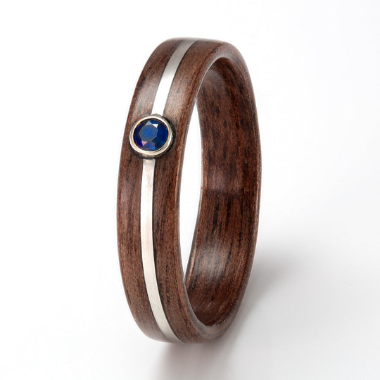 Walnut Ring 5mm with Silver & Sapphire