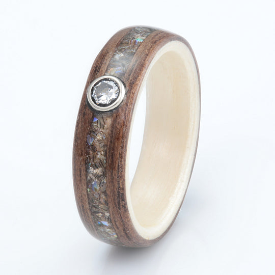 Walnut Ring 5mm with Willow, Paua Shell & Moissanite