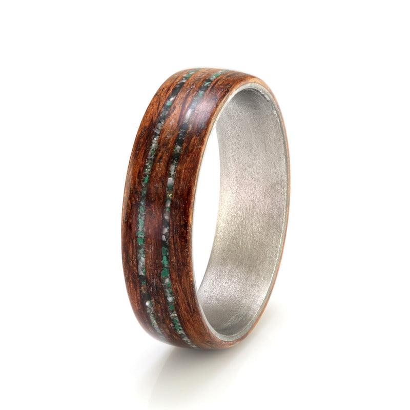 Walnut with Titanium, Meteorite, Sea Glass, Shell & Malachite by Eco Wood Rings