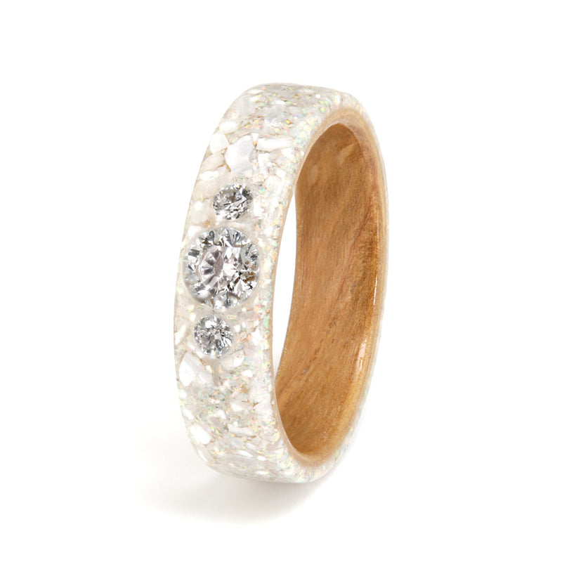 Oak with Mother of Pearl, Opal, Diamond Dust & Diamonds by Eco Wood Rings