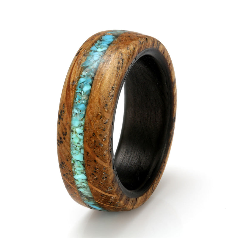 Whisky Oak Ring 8mm with Carbon Fibre & Turquoise by Eco Wood Rings
